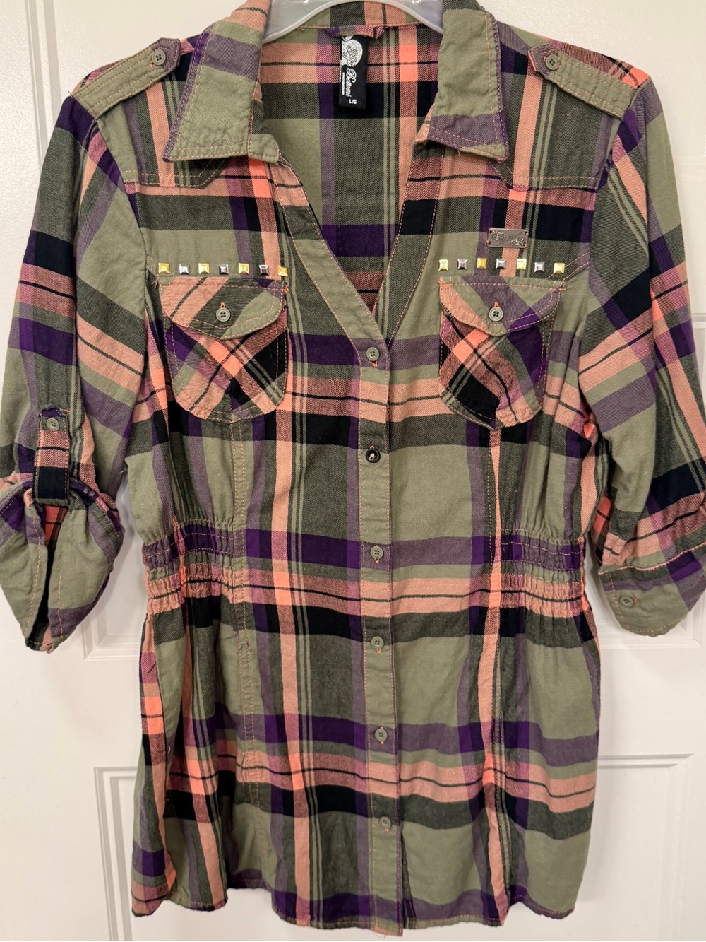 Y2K APPLE BOTTOM JEANS Plaid Studded 3/4 Sleeve Cinched Waist Button-Up - LARGE